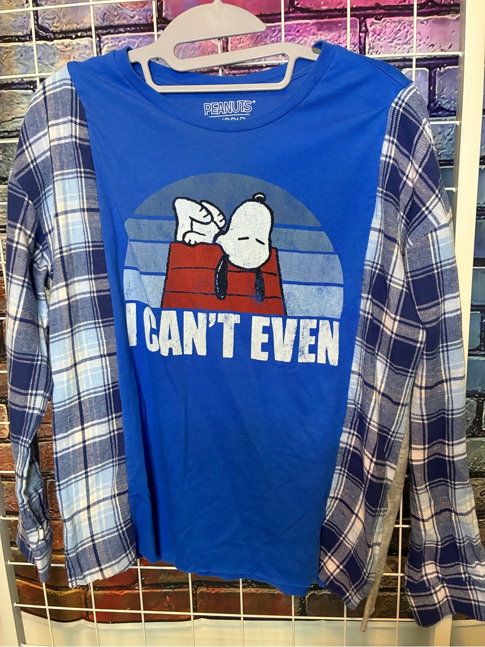 Peanuts Blue Long-Sleeve Tee with Plaid Sleeves